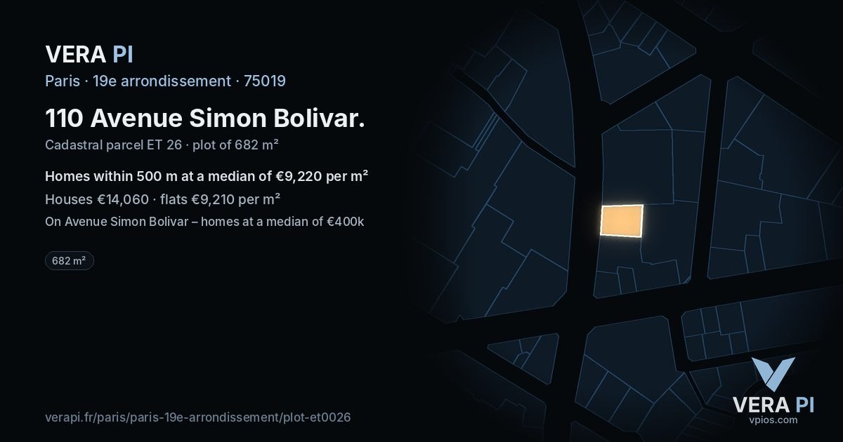 110 Avenue Simon Bolivar, 19e arrondissement at night – the plot lit, the parcels around coloured by the prices near them