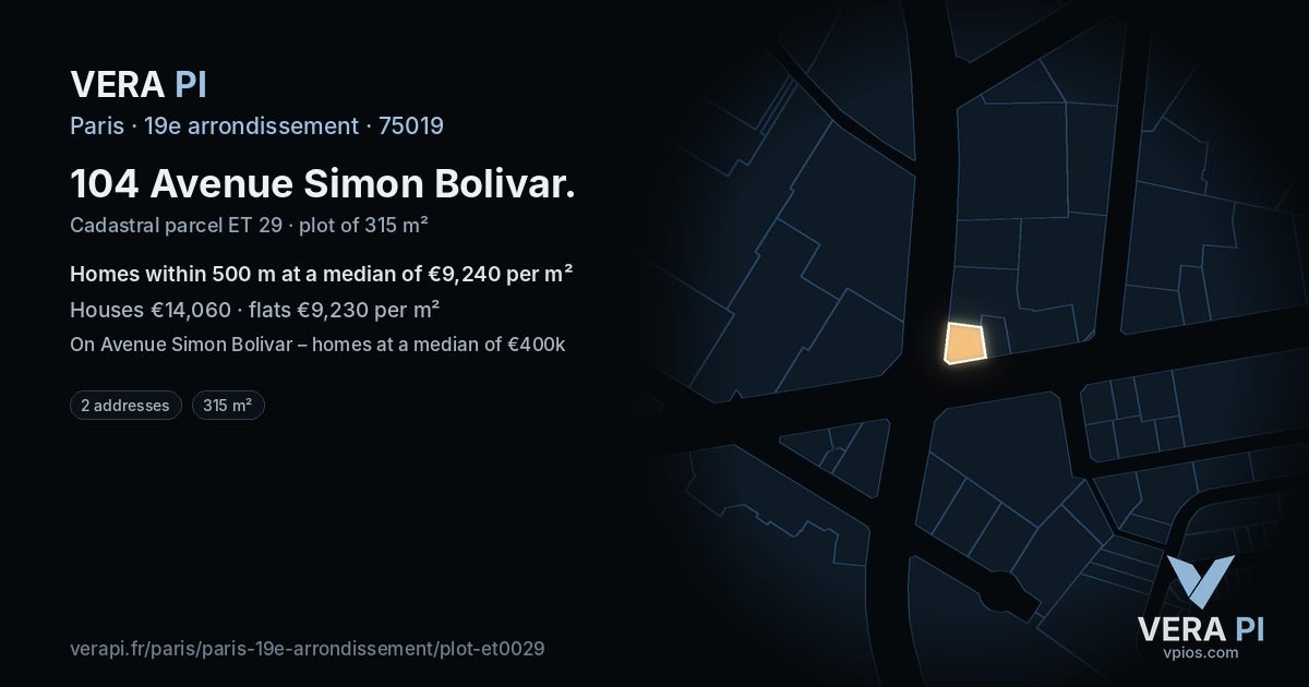 104 Avenue Simon Bolivar, 19e arrondissement at night – the plot lit, the parcels around coloured by the prices near them