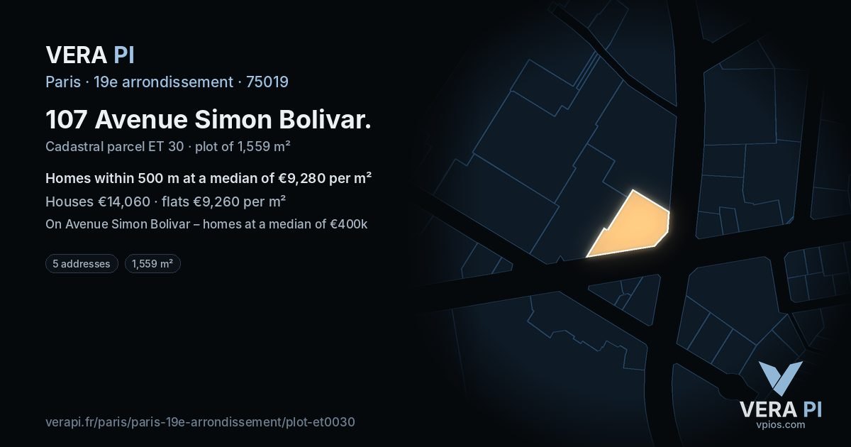 107 Avenue Simon Bolivar, 19e arrondissement at night – the plot lit, the parcels around coloured by the prices near them