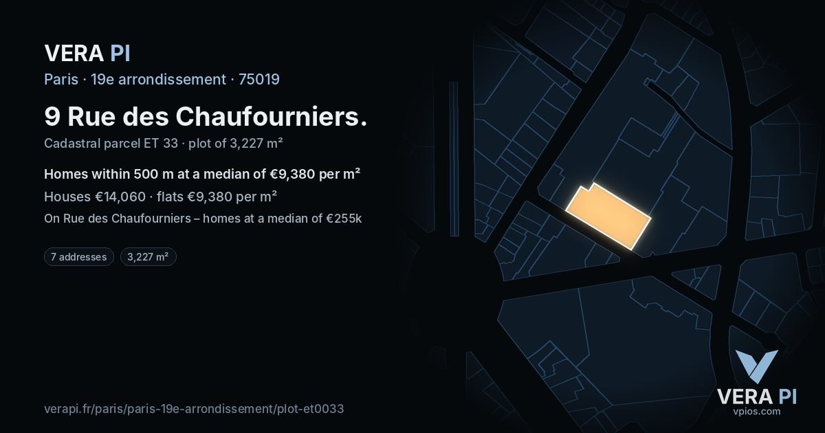 9 Rue des Chaufourniers, 19e arrondissement at night – the plot lit, the parcels around coloured by the prices near them