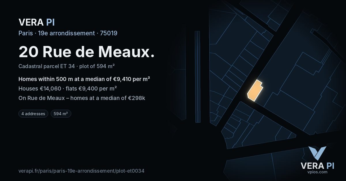 20 Rue de Meaux, 19e arrondissement at night – the plot lit, the parcels around coloured by the prices near them