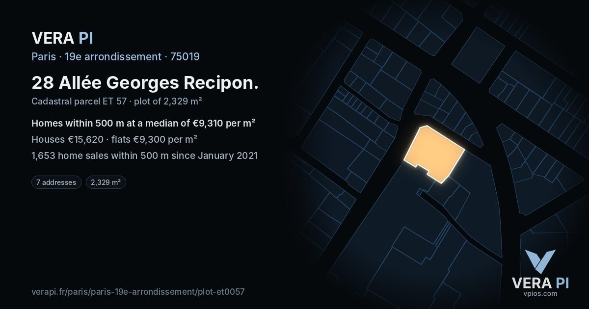 28 Allée Georges Recipon, 19e arrondissement at night – the plot lit, the parcels around coloured by the prices near them