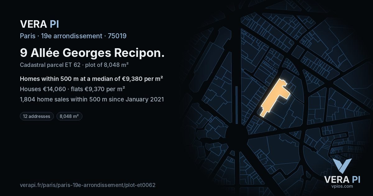 9 Allée Georges Recipon, 19e arrondissement at night – the plot lit, the parcels around coloured by the prices near them