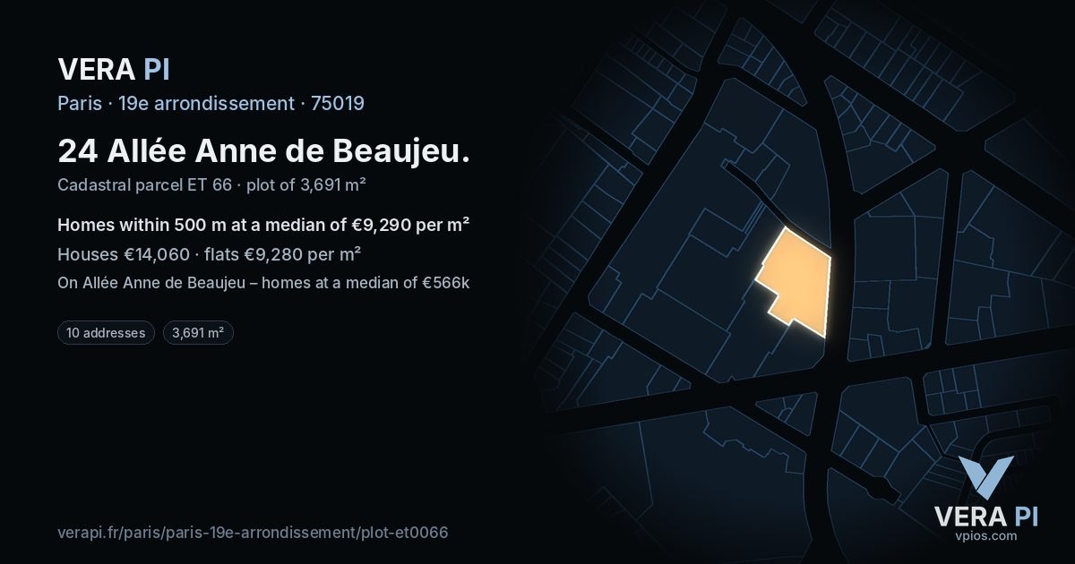 24 Allée Anne de Beaujeu, 19e arrondissement at night – the plot lit, the parcels around coloured by the prices near them