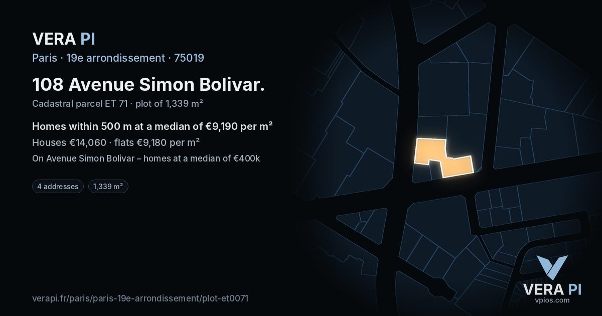 108 Avenue Simon Bolivar, 19e arrondissement at night – the plot lit, the parcels around coloured by the prices near them