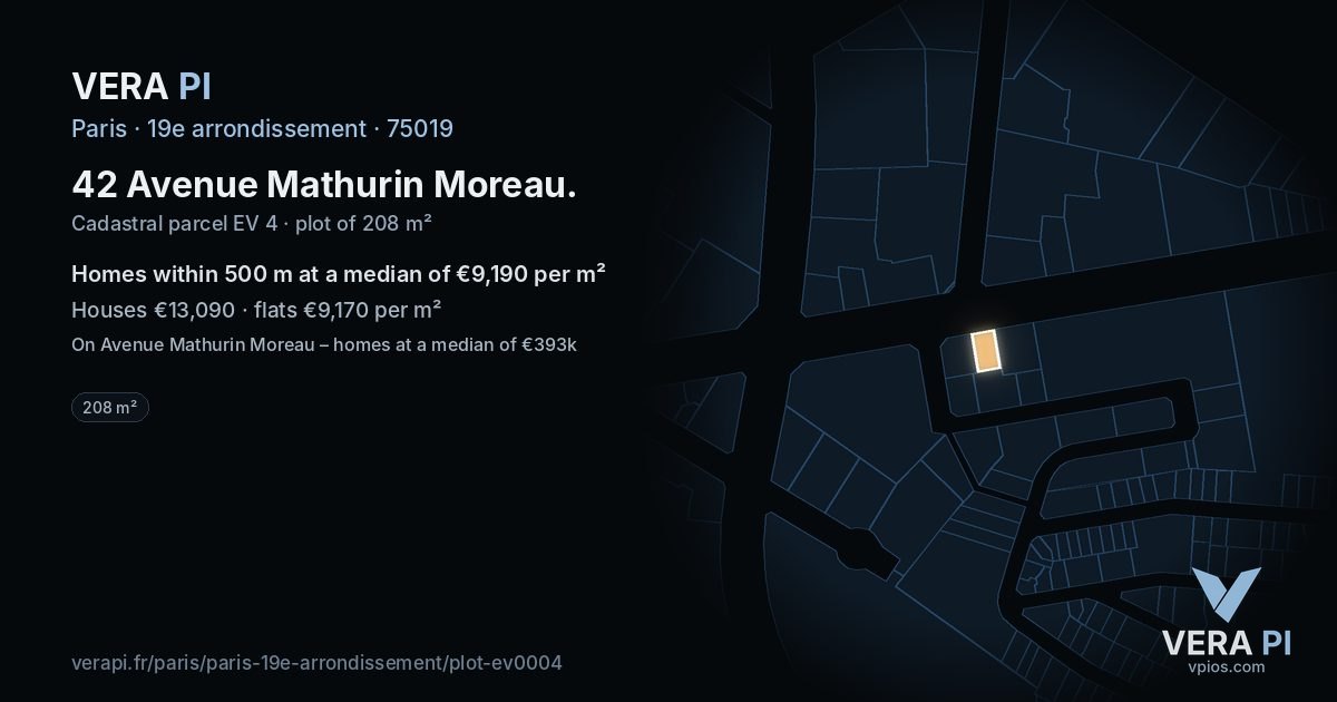 42 Avenue Mathurin Moreau, 19e arrondissement at night – the plot lit, the parcels around coloured by the prices near them