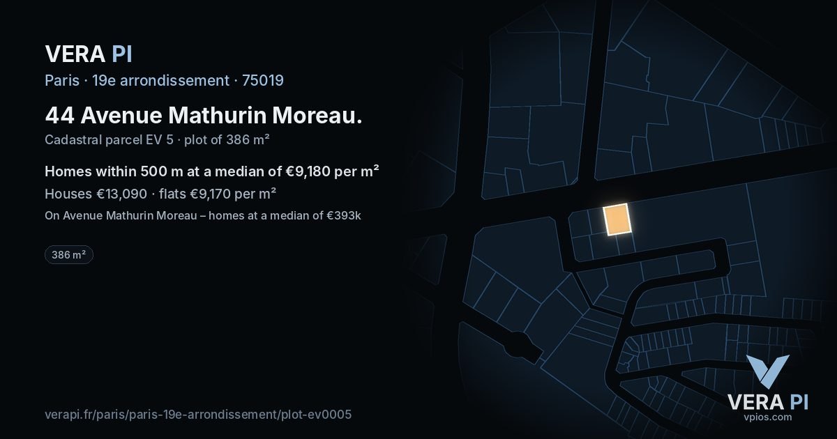 44 Avenue Mathurin Moreau, 19e arrondissement at night – the plot lit, the parcels around coloured by the prices near them