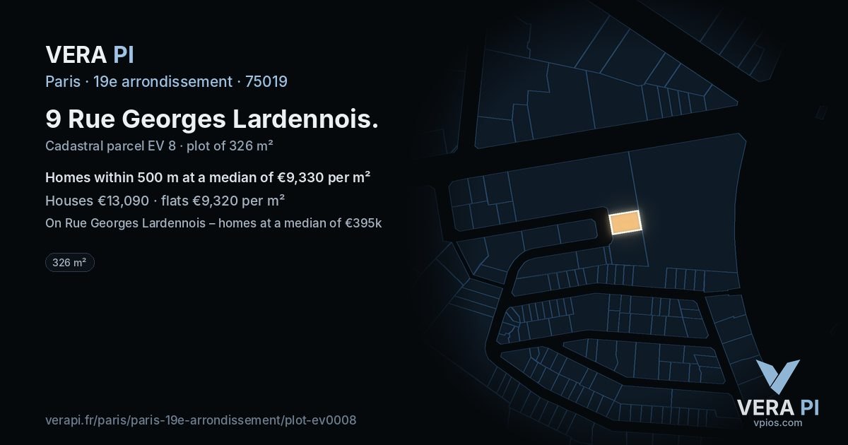 9 Rue Georges Lardennois, 19e arrondissement at night – the plot lit, the parcels around coloured by the prices near them