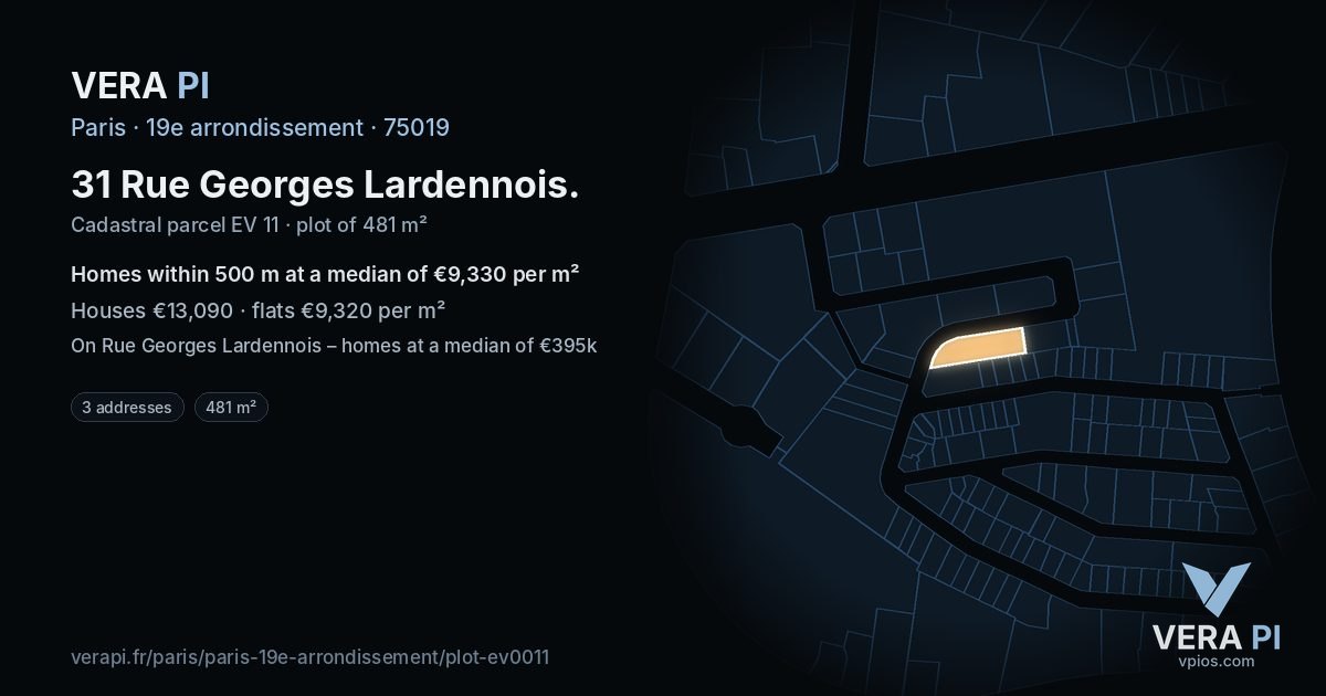 31 Rue Georges Lardennois, 19e arrondissement at night – the plot lit, the parcels around coloured by the prices near them