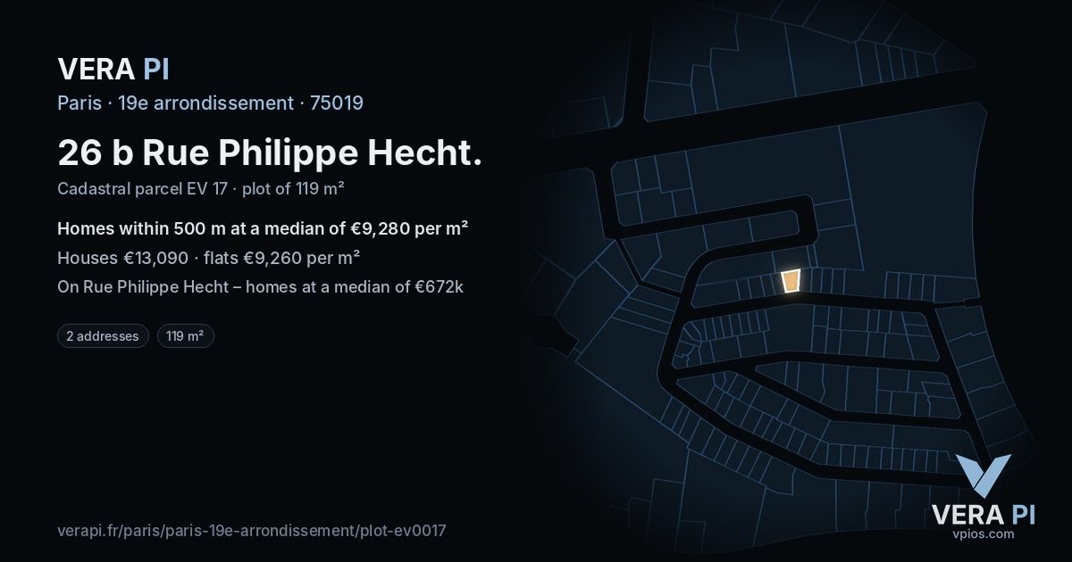 26 b Rue Philippe Hecht, 19e arrondissement at night – the plot lit, the parcels around coloured by the prices near them