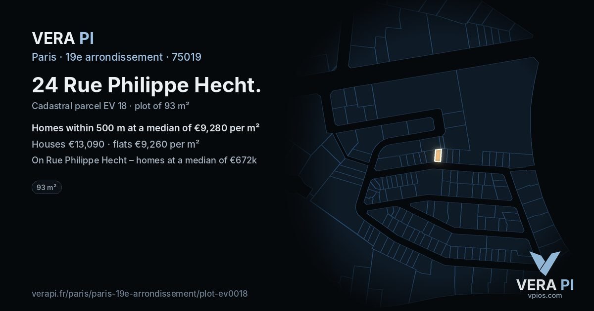 24 Rue Philippe Hecht, 19e arrondissement at night – the plot lit, the parcels around coloured by the prices near them