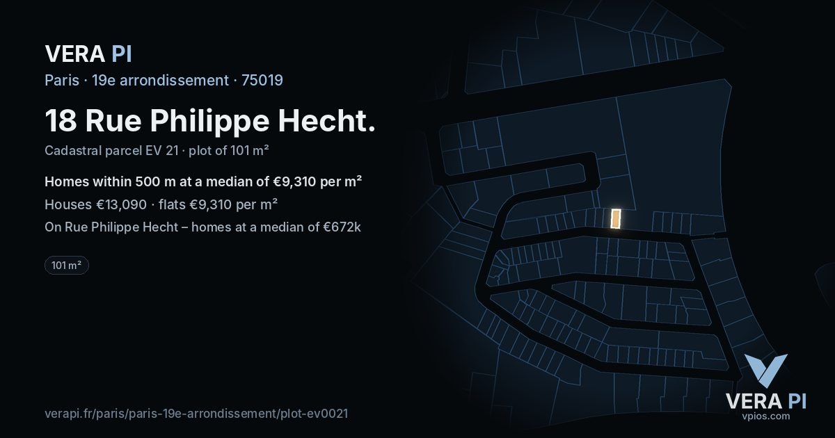 18 Rue Philippe Hecht, 19e arrondissement at night – the plot lit, the parcels around coloured by the prices near them