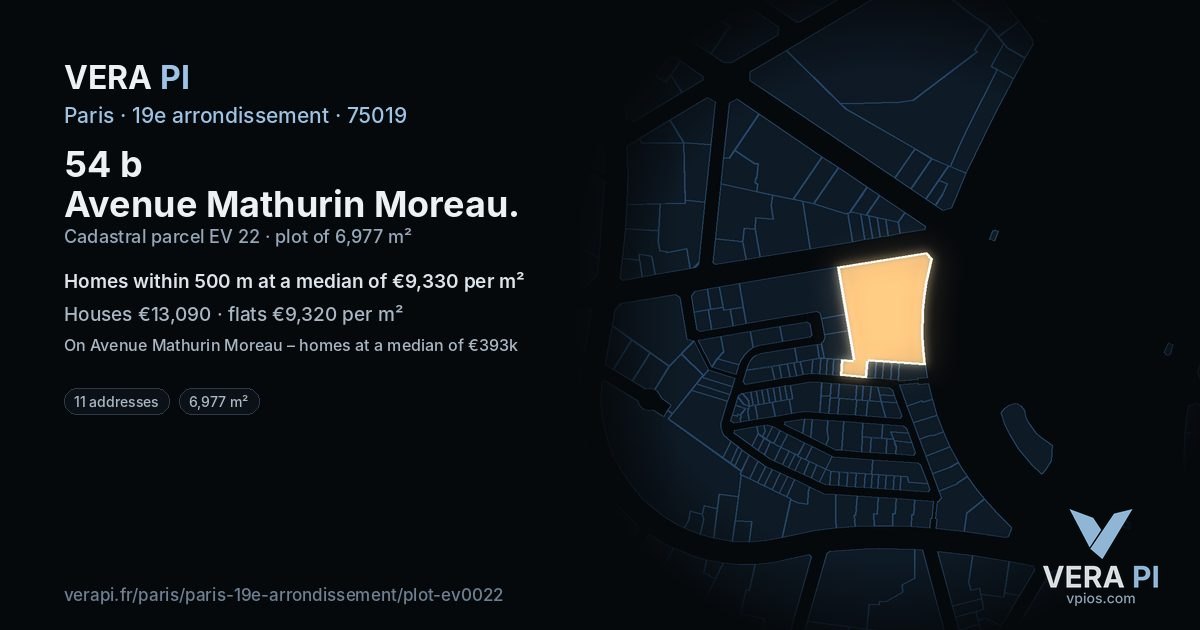 54 b Avenue Mathurin Moreau, 19e arrondissement at night – the plot lit, the parcels around coloured by the prices near them
