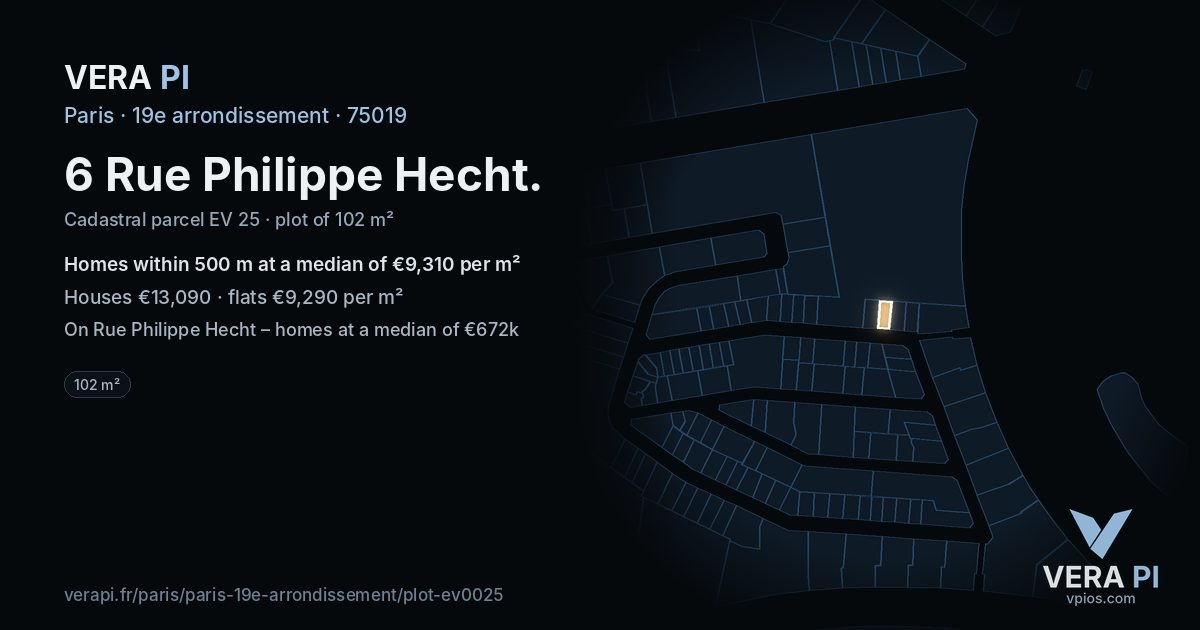 6 Rue Philippe Hecht, 19e arrondissement at night – the plot lit, the parcels around coloured by the prices near them