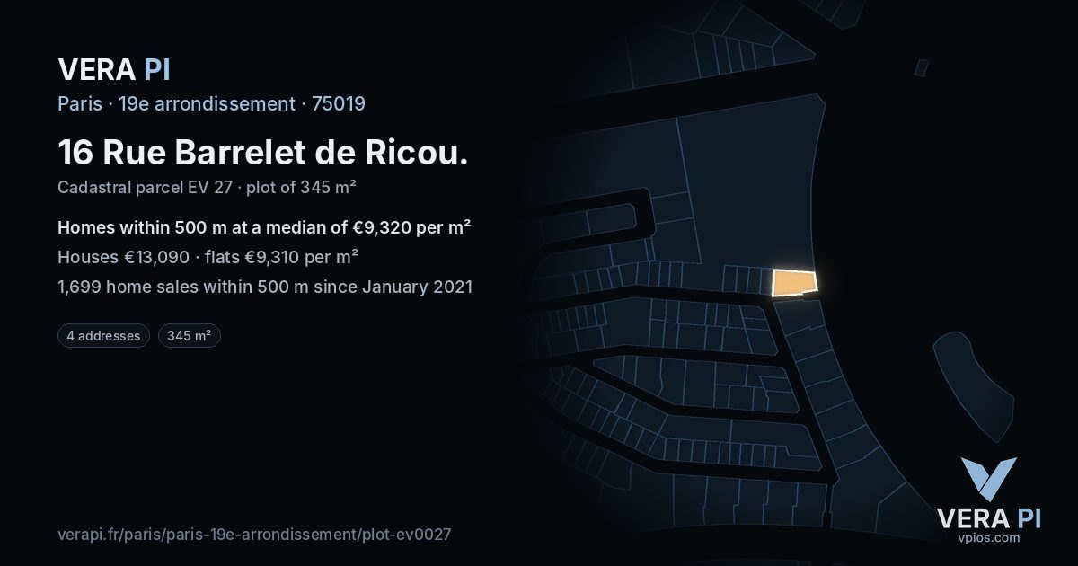 16 Rue Barrelet de Ricou, 19e arrondissement at night – the plot lit, the parcels around coloured by the prices near them