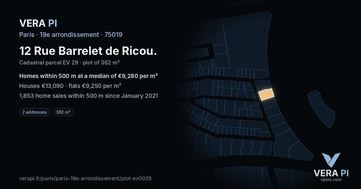 12 Rue Barrelet de Ricou, 19e arrondissement at night – the plot lit, the parcels around coloured by the prices near them