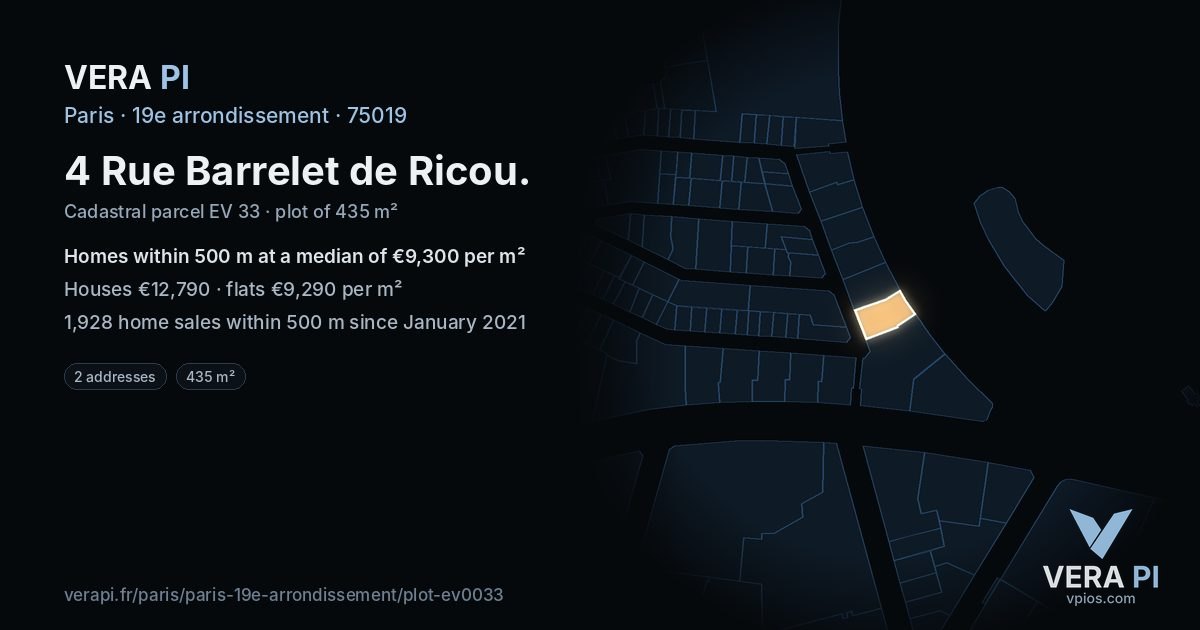 4 Rue Barrelet de Ricou, 19e arrondissement at night – the plot lit, the parcels around coloured by the prices near them