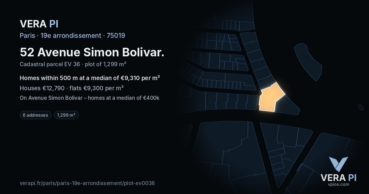 52 Avenue Simon Bolivar, 19e arrondissement at night – the plot lit, the parcels around coloured by the prices near them