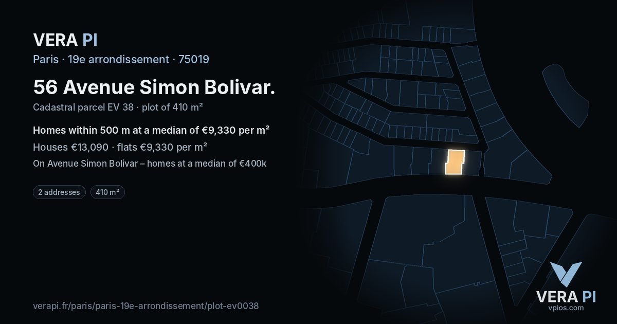 56 Avenue Simon Bolivar, 19e arrondissement at night – the plot lit, the parcels around coloured by the prices near them