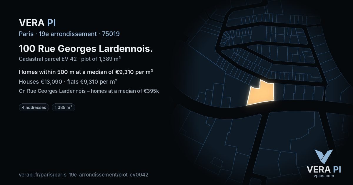 100 Rue Georges Lardennois, 19e arrondissement at night – the plot lit, the parcels around coloured by the prices near them