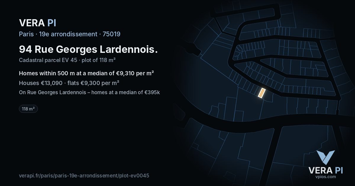 94 Rue Georges Lardennois, 19e arrondissement at night – the plot lit, the parcels around coloured by the prices near them