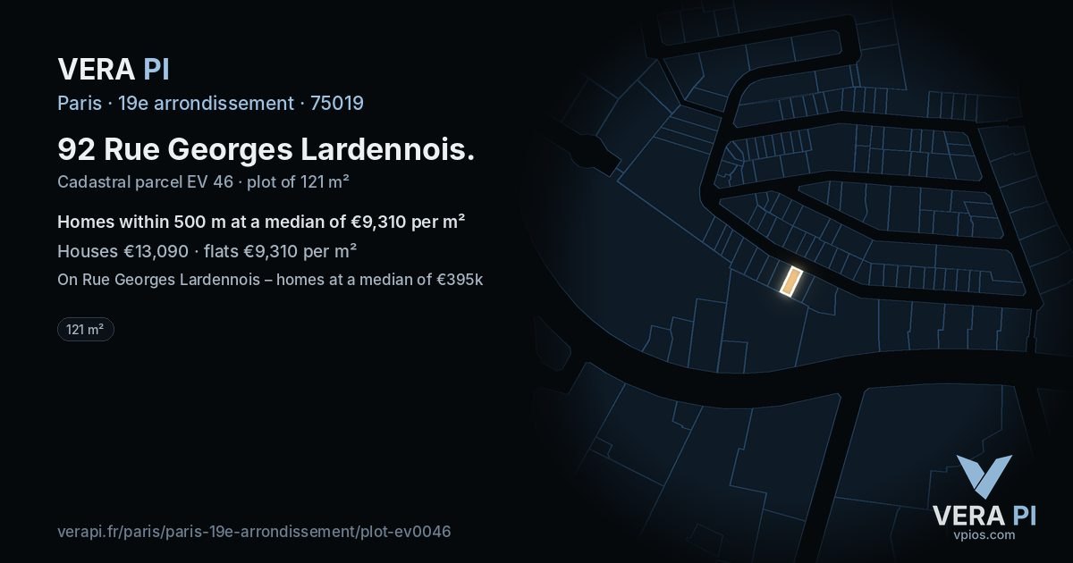 92 Rue Georges Lardennois, 19e arrondissement at night – the plot lit, the parcels around coloured by the prices near them