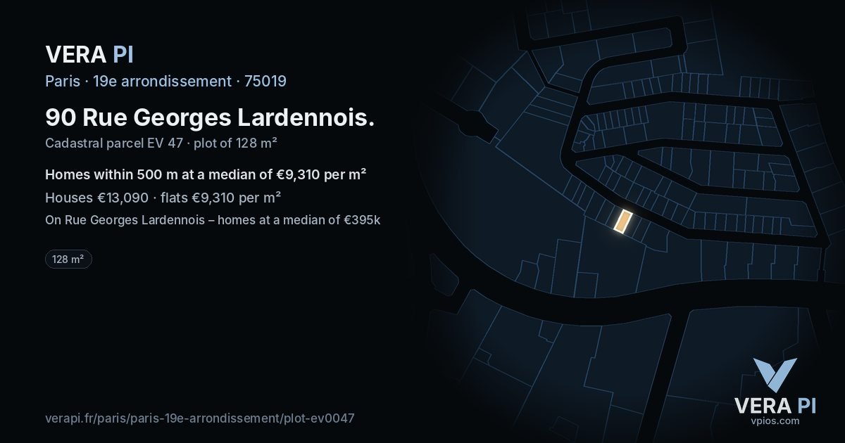 90 Rue Georges Lardennois, 19e arrondissement at night – the plot lit, the parcels around coloured by the prices near them