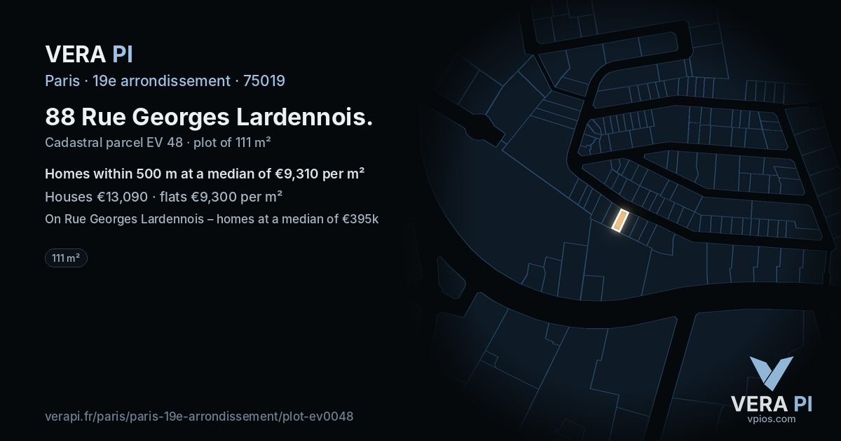 88 Rue Georges Lardennois, 19e arrondissement at night – the plot lit, the parcels around coloured by the prices near them