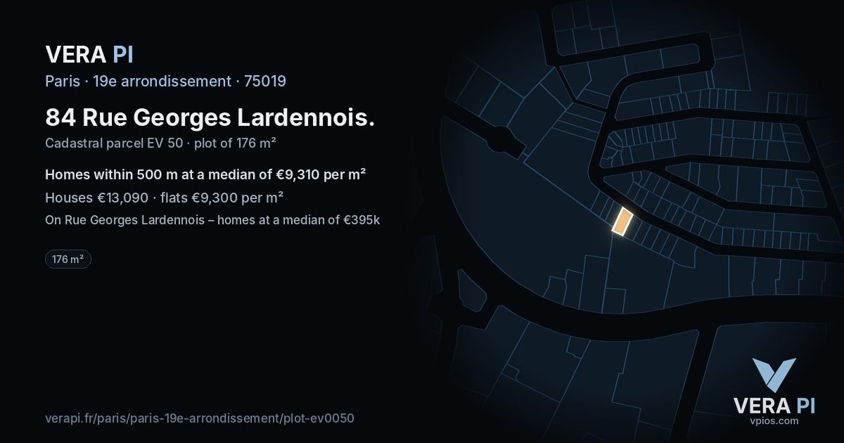 84 Rue Georges Lardennois, 19e arrondissement at night – the plot lit, the parcels around coloured by the prices near them