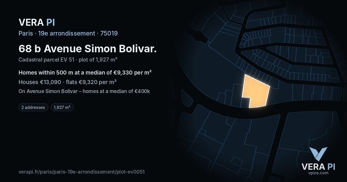 68 b Avenue Simon Bolivar, 19e arrondissement at night – the plot lit, the parcels around coloured by the prices near them