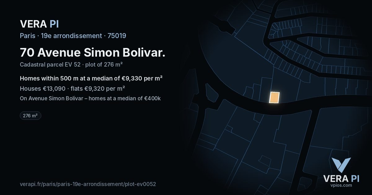 70 Avenue Simon Bolivar, 19e arrondissement at night – the plot lit, the parcels around coloured by the prices near them