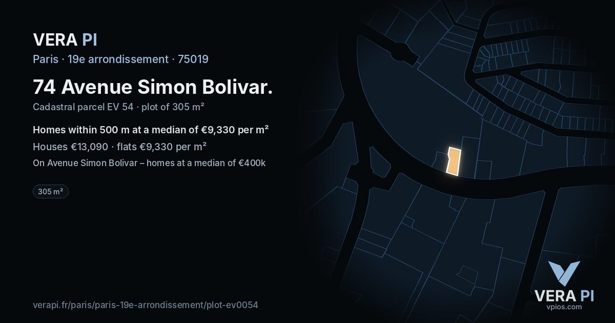 74 Avenue Simon Bolivar, 19e arrondissement at night – the plot lit, the parcels around coloured by the prices near them