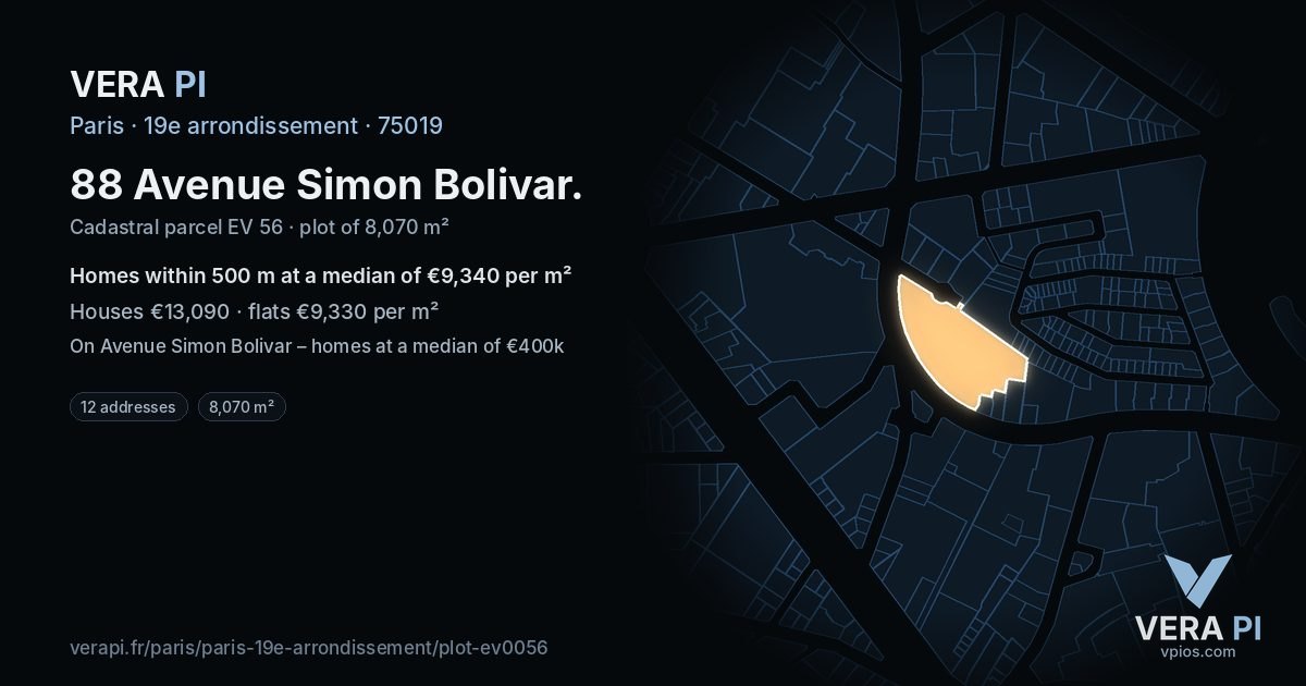 88 Avenue Simon Bolivar, 19e arrondissement at night – the plot lit, the parcels around coloured by the prices near them