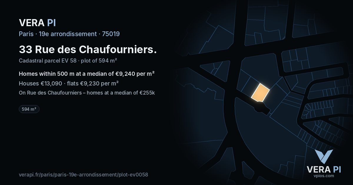33 Rue des Chaufourniers, 19e arrondissement at night – the plot lit, the parcels around coloured by the prices near them