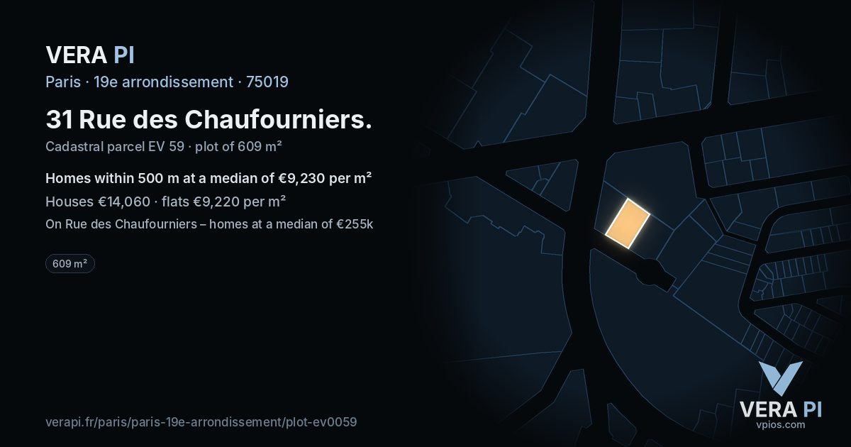 31 Rue des Chaufourniers, 19e arrondissement at night – the plot lit, the parcels around coloured by the prices near them