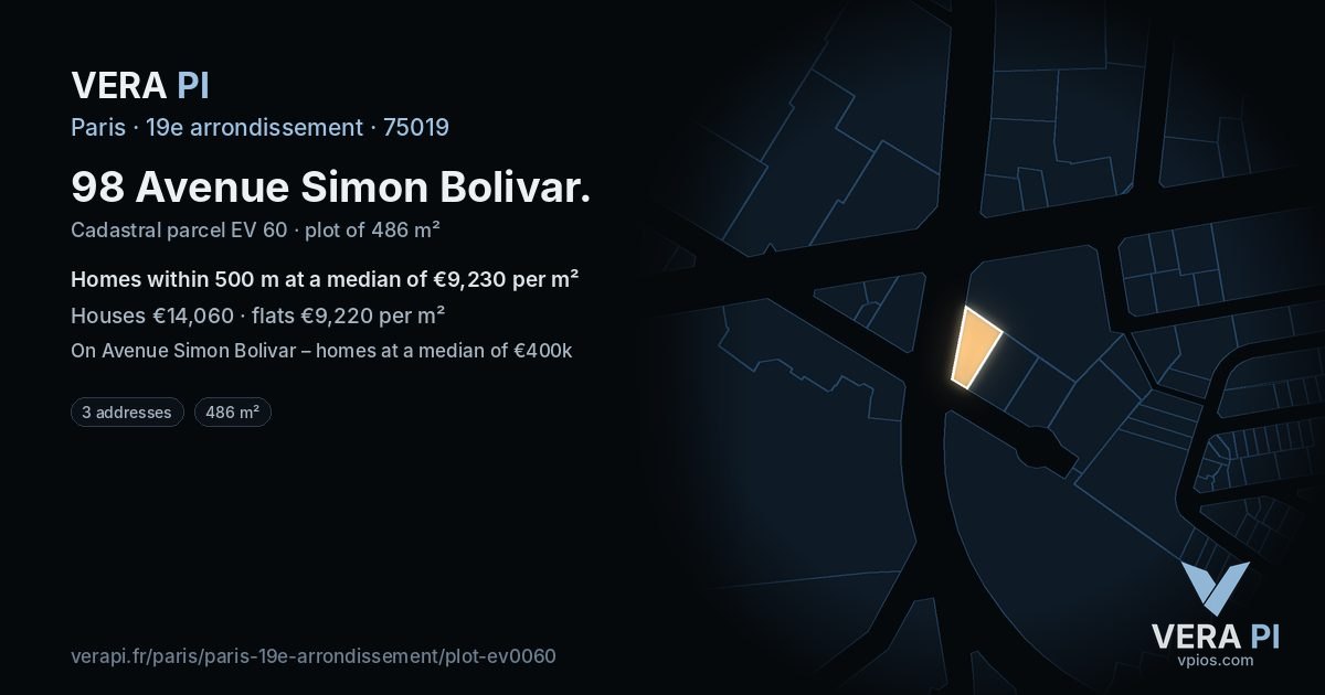 98 Avenue Simon Bolivar, 19e arrondissement at night – the plot lit, the parcels around coloured by the prices near them