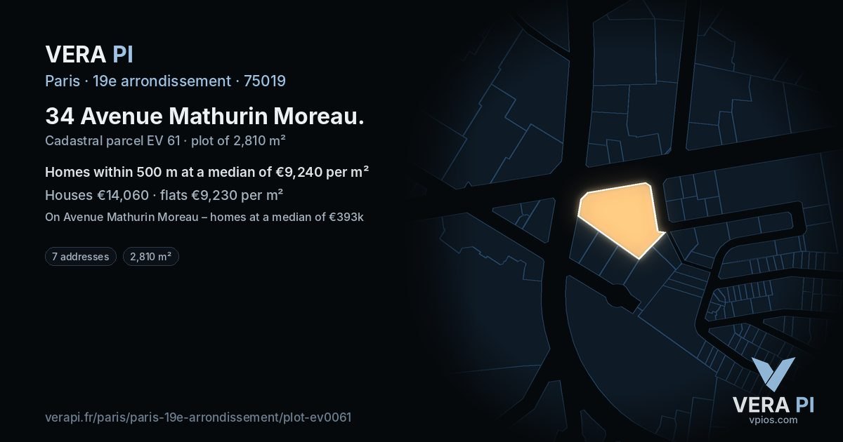 34 Avenue Mathurin Moreau, 19e arrondissement at night – the plot lit, the parcels around coloured by the prices near them