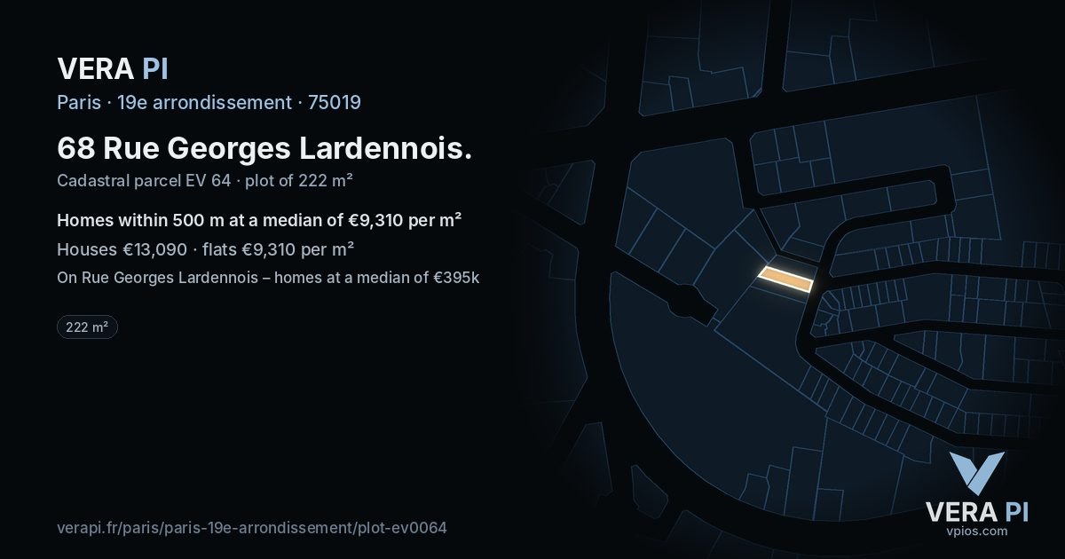 68 Rue Georges Lardennois, 19e arrondissement at night – the plot lit, the parcels around coloured by the prices near them
