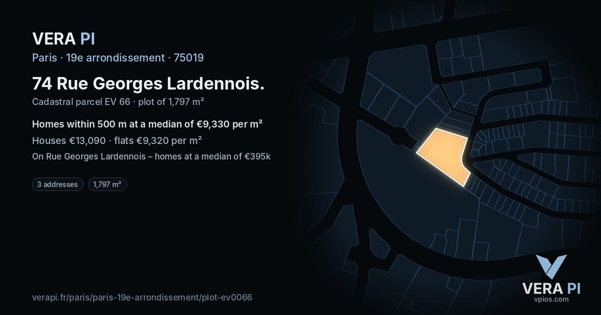 74 Rue Georges Lardennois, 19e arrondissement at night – the plot lit, the parcels around coloured by the prices near them