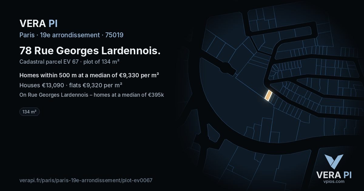 78 Rue Georges Lardennois, 19e arrondissement at night – the plot lit, the parcels around coloured by the prices near them