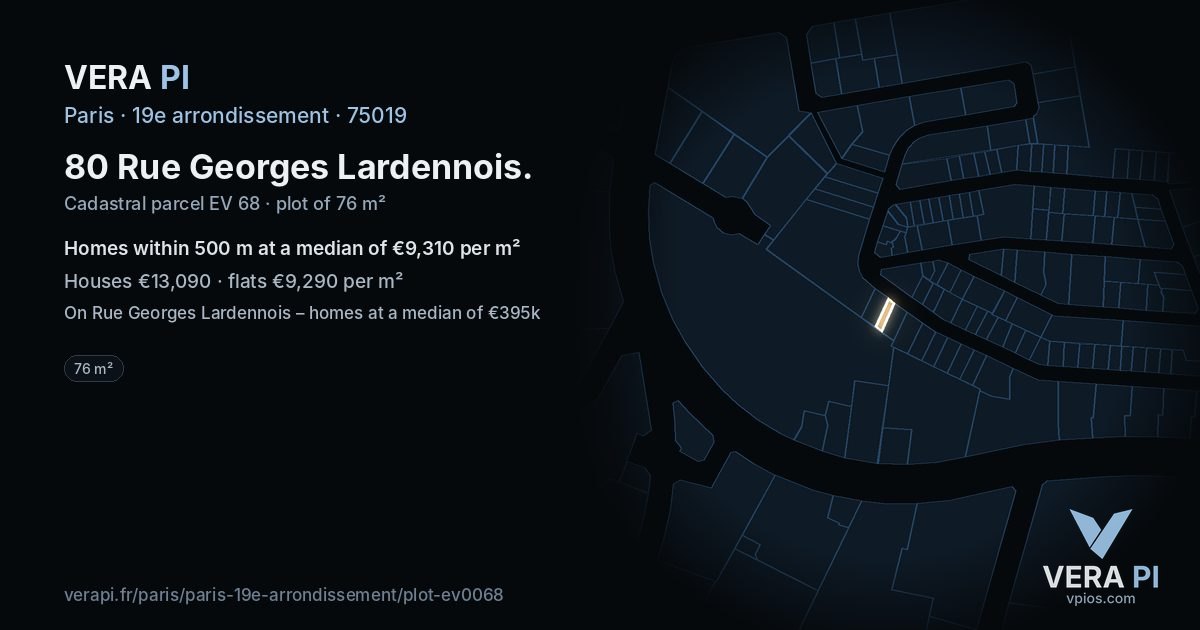 80 Rue Georges Lardennois, 19e arrondissement at night – the plot lit, the parcels around coloured by the prices near them