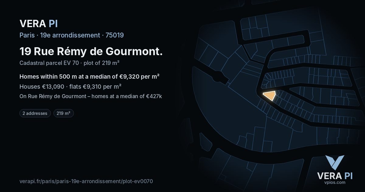 19 Rue Rémy de Gourmont, 19e arrondissement at night – the plot lit, the parcels around coloured by the prices near them