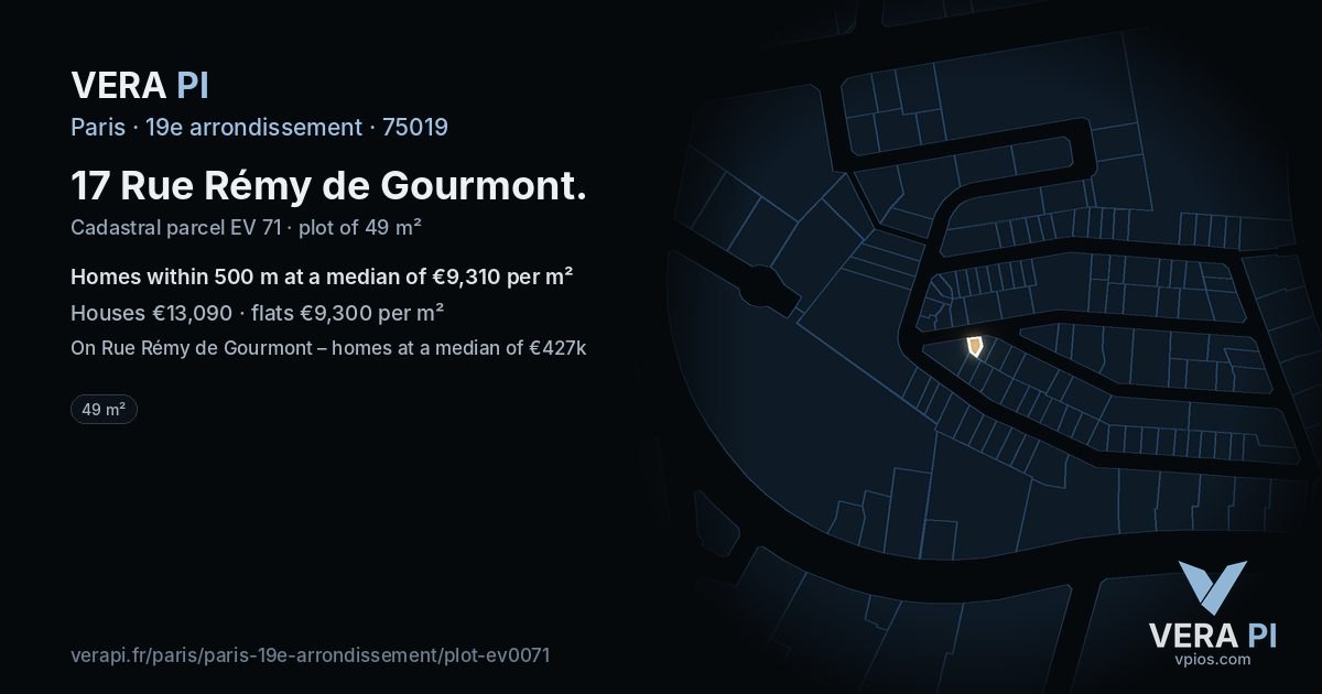 17 Rue Rémy de Gourmont, 19e arrondissement at night – the plot lit, the parcels around coloured by the prices near them