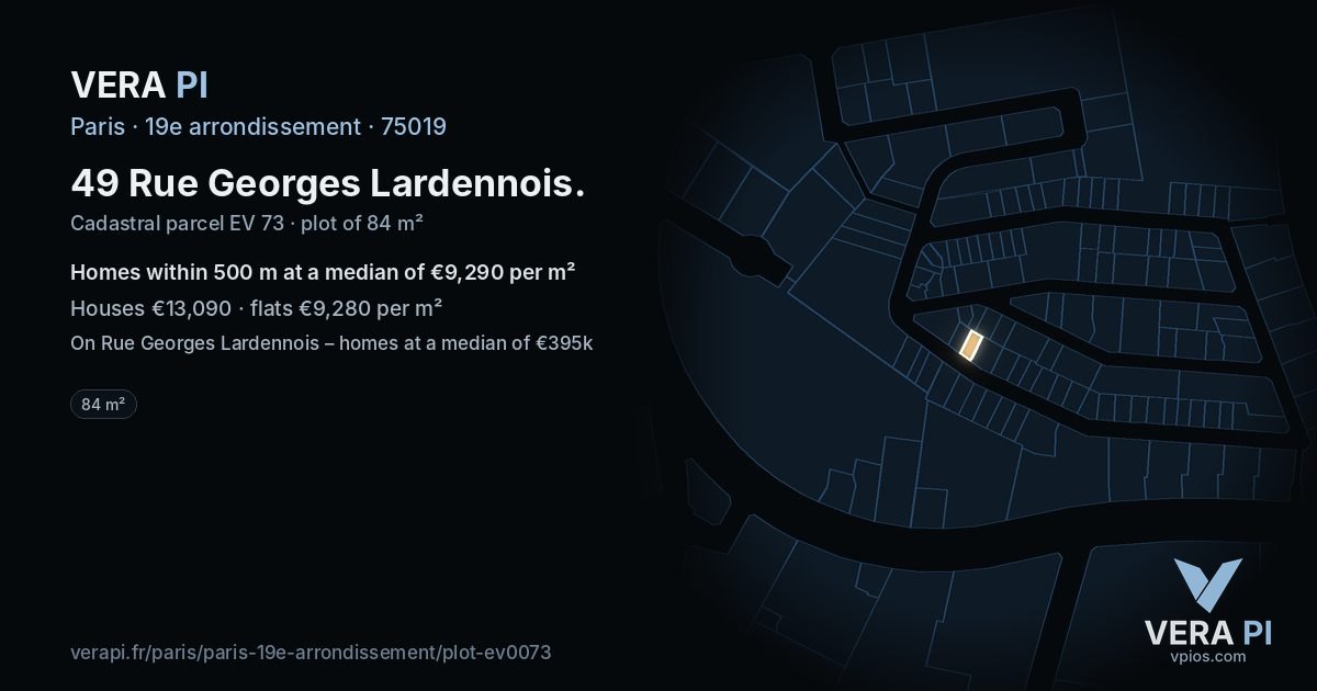 49 Rue Georges Lardennois, 19e arrondissement at night – the plot lit, the parcels around coloured by the prices near them