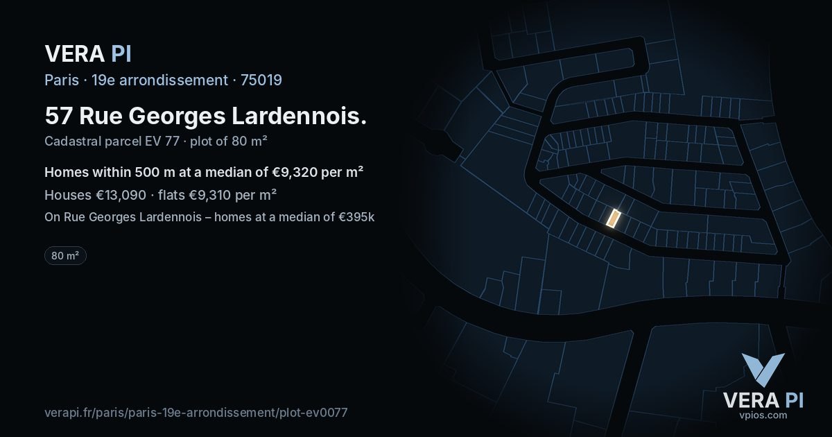 57 Rue Georges Lardennois, 19e arrondissement at night – the plot lit, the parcels around coloured by the prices near them