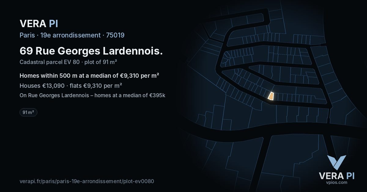 69 Rue Georges Lardennois, 19e arrondissement at night – the plot lit, the parcels around coloured by the prices near them