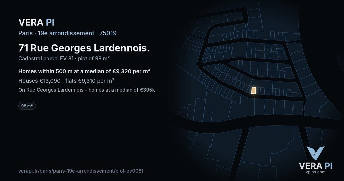 71 Rue Georges Lardennois, 19e arrondissement at night – the plot lit, the parcels around coloured by the prices near them