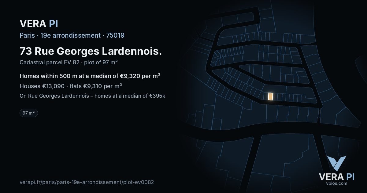 73 Rue Georges Lardennois, 19e arrondissement at night – the plot lit, the parcels around coloured by the prices near them
