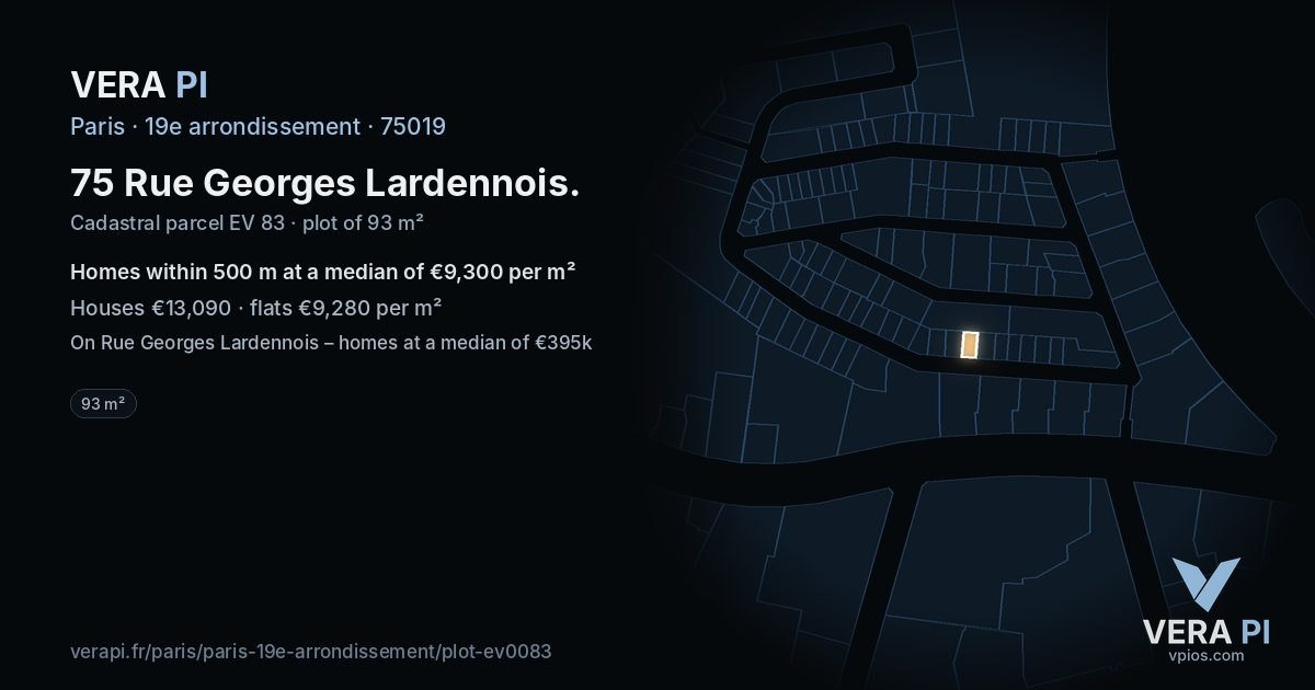 75 Rue Georges Lardennois, 19e arrondissement at night – the plot lit, the parcels around coloured by the prices near them