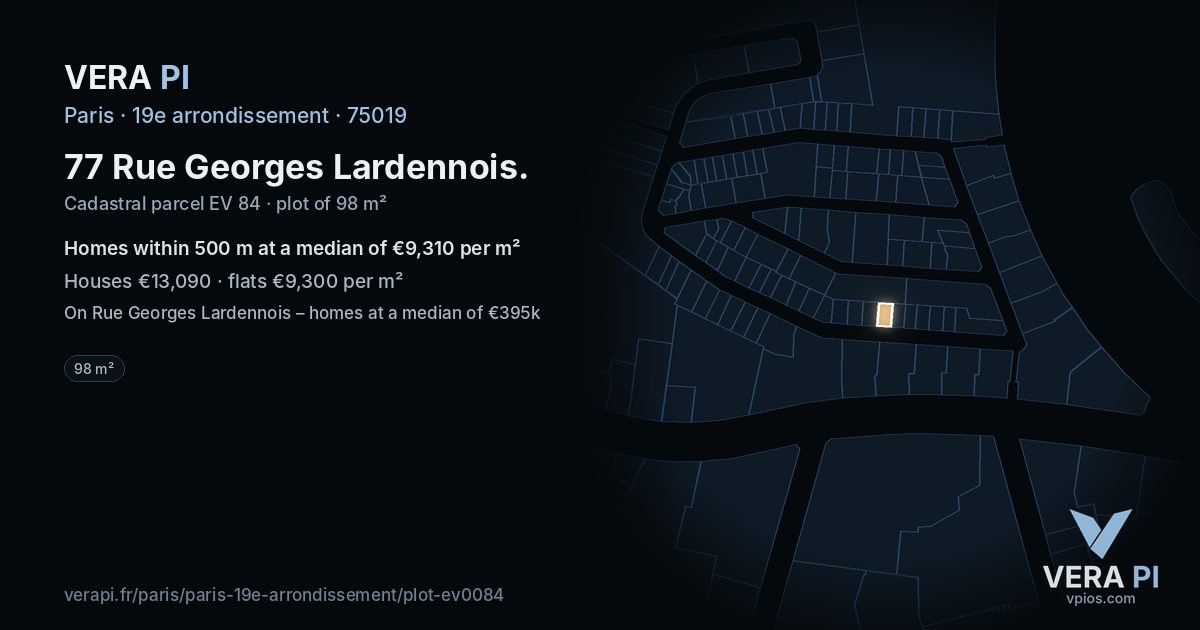 77 Rue Georges Lardennois, 19e arrondissement at night – the plot lit, the parcels around coloured by the prices near them